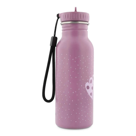 Side view of a purple speckled water bottle with a matching purple cap and an attached black wrist strap.