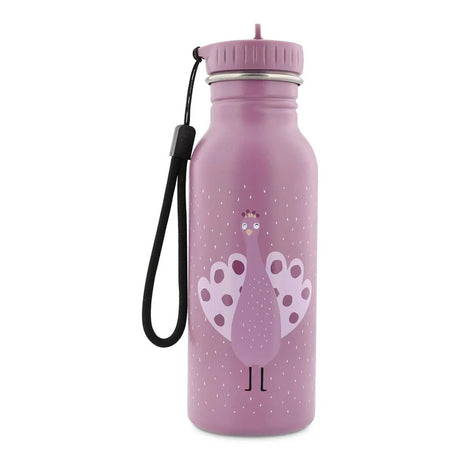 Purple stainless steel water bottle featuring a cute cartoon peacock illustration with a black wrist strap.