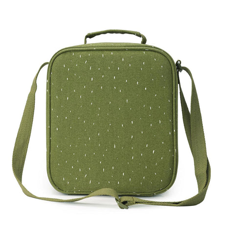 The back view of a green textured lunch bag with white dashes, a top handle, and a shoulder strap.