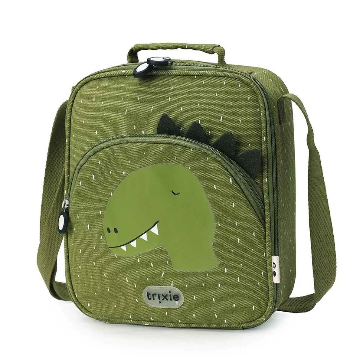 A green dinosaur-themed lunch bag with a front zipper pocket, a top handle, and a shoulder strap.