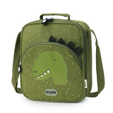 A green dinosaur-themed lunch bag with a front zipper pocket, a top handle, and a shoulder strap.