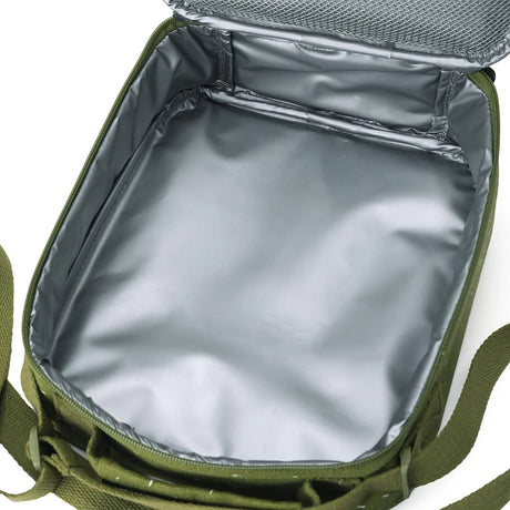 An open view of the green lunch bag showing its spacious, silver insulated interior and an inner mesh pocket.