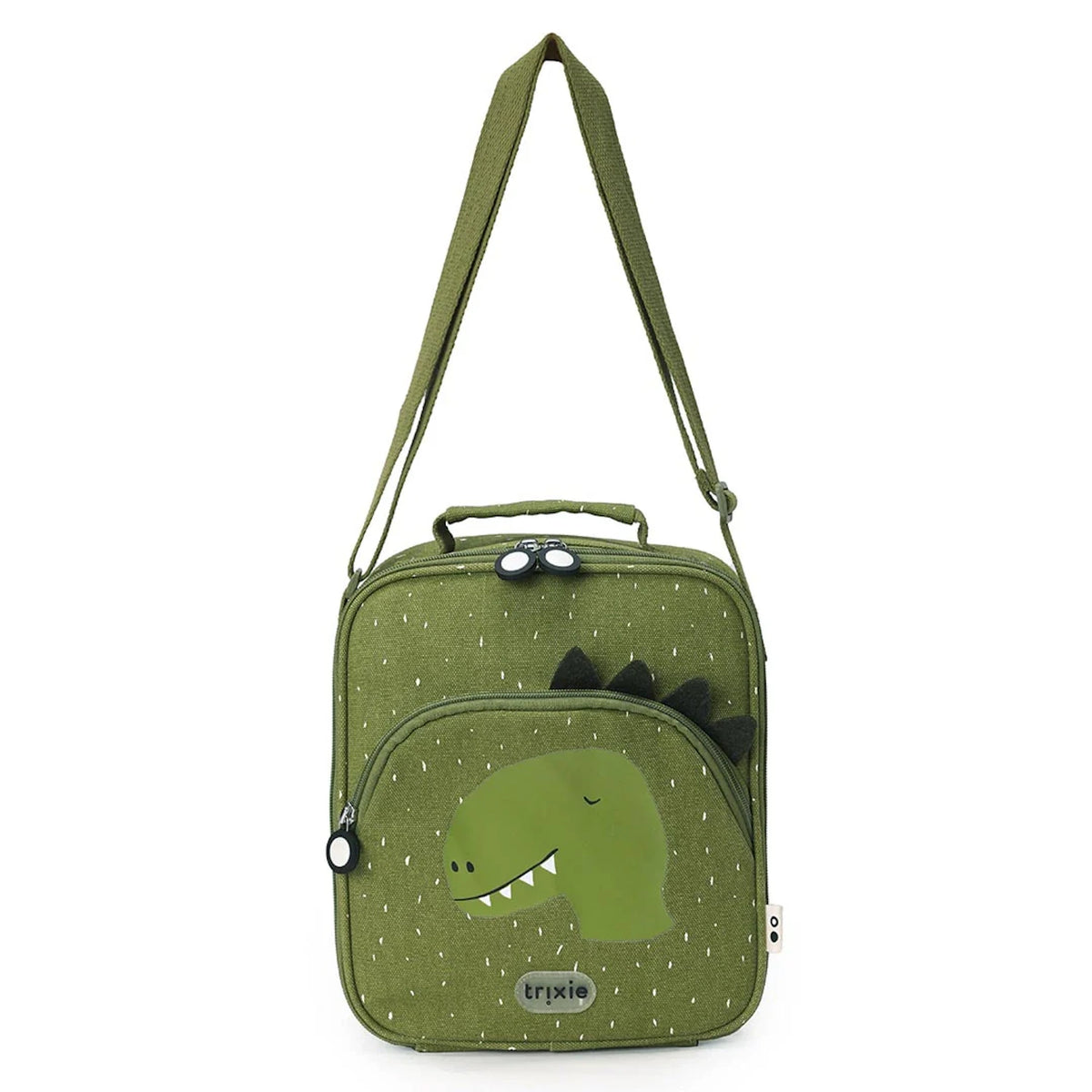 Green insulated lunch bag with a cute dinosaur graphic, top handle, and adjustable shoulder strap.