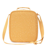 The back view of a yellow textured lunch bag with white dashes, a top handle, and a shoulder strap.