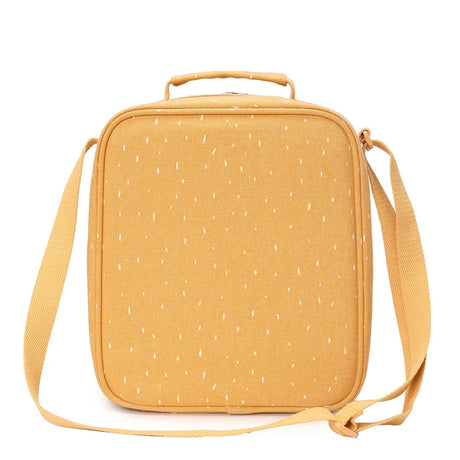 The back view of a yellow textured lunch bag with white dashes, a top handle, and a shoulder strap.