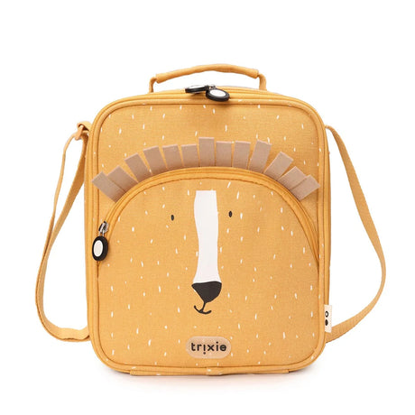 A yellow lion-themed lunch bag with a front zipper pocket, a top handle, and a shoulder strap.