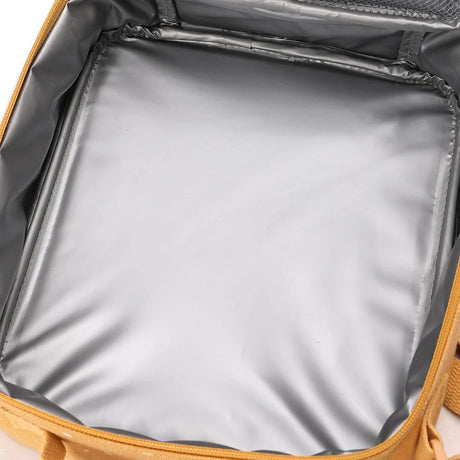 An open view of the yellow lunch bag showing its spacious, silver insulated interior.