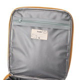 Inside view of a yellow lunch bag flap featuring a zippered grey mesh pocket and a name label.