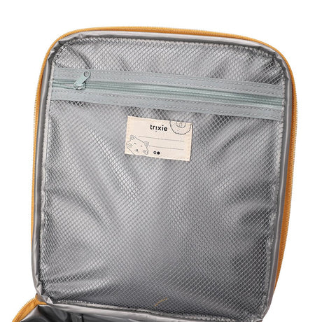Inside view of a yellow lunch bag flap featuring a zippered grey mesh pocket and a name label.