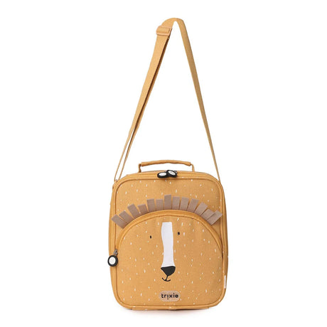 Yellow insulated lunch bag with a cute lion graphic, a top handle, and an adjustable shoulder strap.