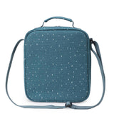 The back of a teal insulated lunch bag with a white speckled pattern, a top handle, and a shoulder strap.