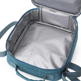 Open blue insulated lunch bag showing the empty, silver-lined thermal interior compartment.