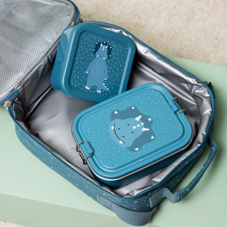 Two blue dinosaur lunch boxes inside an open, insulated teal lunch bag.