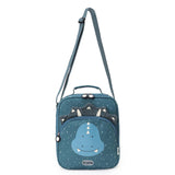 Teal kids lunch bag featuring a cute dinosaur face, spikes, top handle, and shoulder strap.