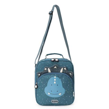 Teal kids lunch bag featuring a cute dinosaur face, spikes, top handle, and shoulder strap.