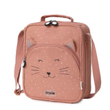 Pinkish-brown kids lunch bag with a cute cat face, cat ears, a top handle, and a shoulder strap.