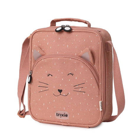 Pinkish-brown kids lunch bag with a cute cat face, cat ears, a top handle, and a shoulder strap.