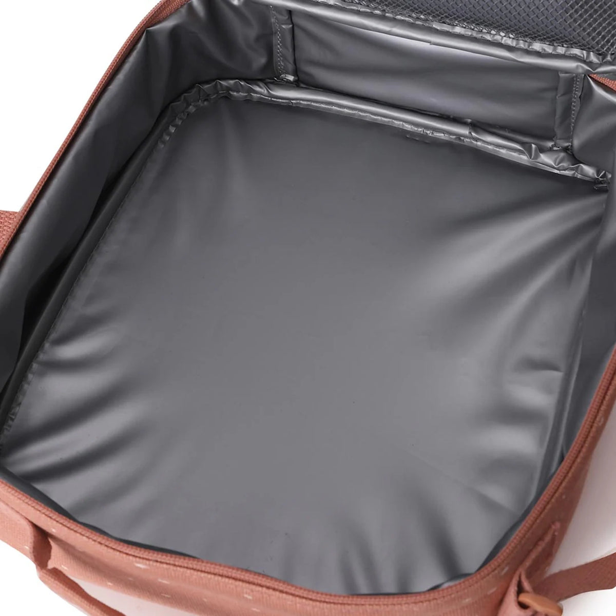 An open lunch bag showing a spacious grey insulated interior with a mesh pocket on the lid.