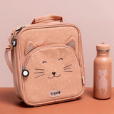 Pink cat-themed lunch bag with matching water bottle on a solid, color-coordinated background.