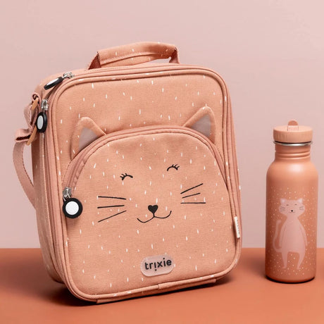 Pink cat-themed lunch bag with matching water bottle on a solid, color-coordinated background.