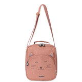 Pink insulated lunch bag with a cat face design, 3D ears, a top handle, and an adjustable shoulder strap.