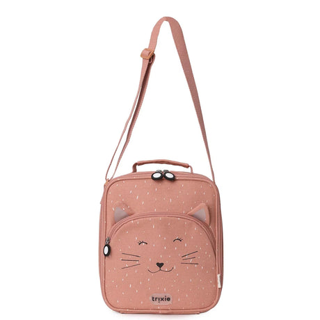 Pink insulated lunch bag with a cat face design, 3D ears, a top handle, and an adjustable shoulder strap.