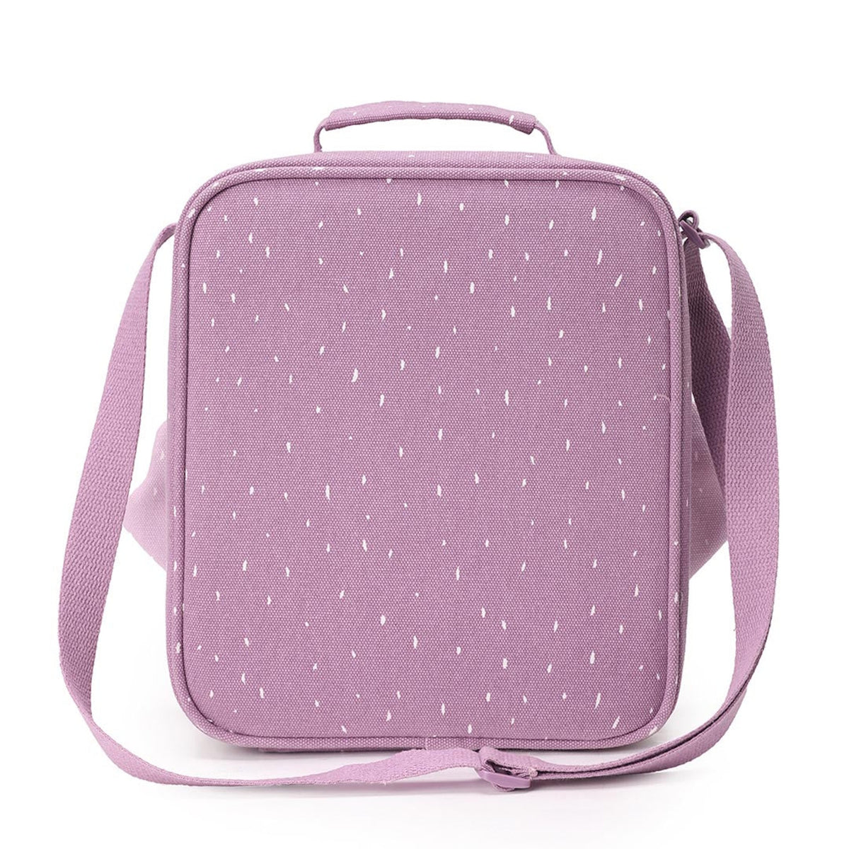 The back of a purple lunch bag with a white speckled pattern, a top handle, and a shoulder strap.