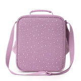 The back of a purple lunch bag with a white speckled pattern, a top handle, and a shoulder strap.