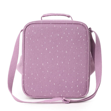The back of a purple lunch bag with a white speckled pattern, a top handle, and a shoulder strap.