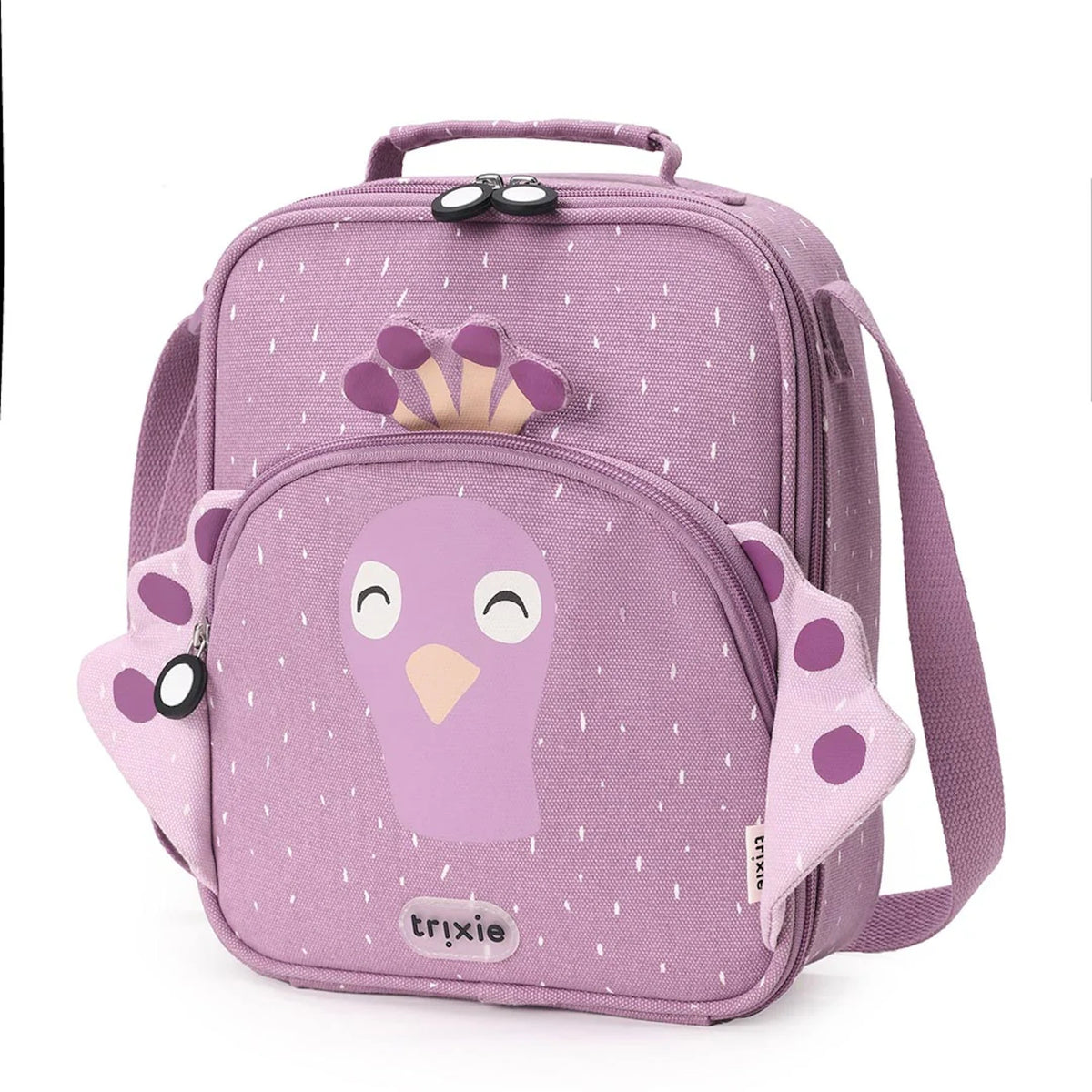 Purple Trixie lunch bag featuring a cute peacock face, 3D fabric wings, a top handle, and shoulder strap.