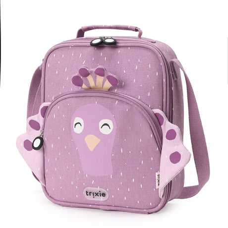 Purple Trixie lunch bag featuring a cute peacock face, 3D fabric wings, a top handle, and shoulder strap.