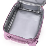 Open purple insulated lunch bag showing the empty, silver-lined thermal interior compartment.