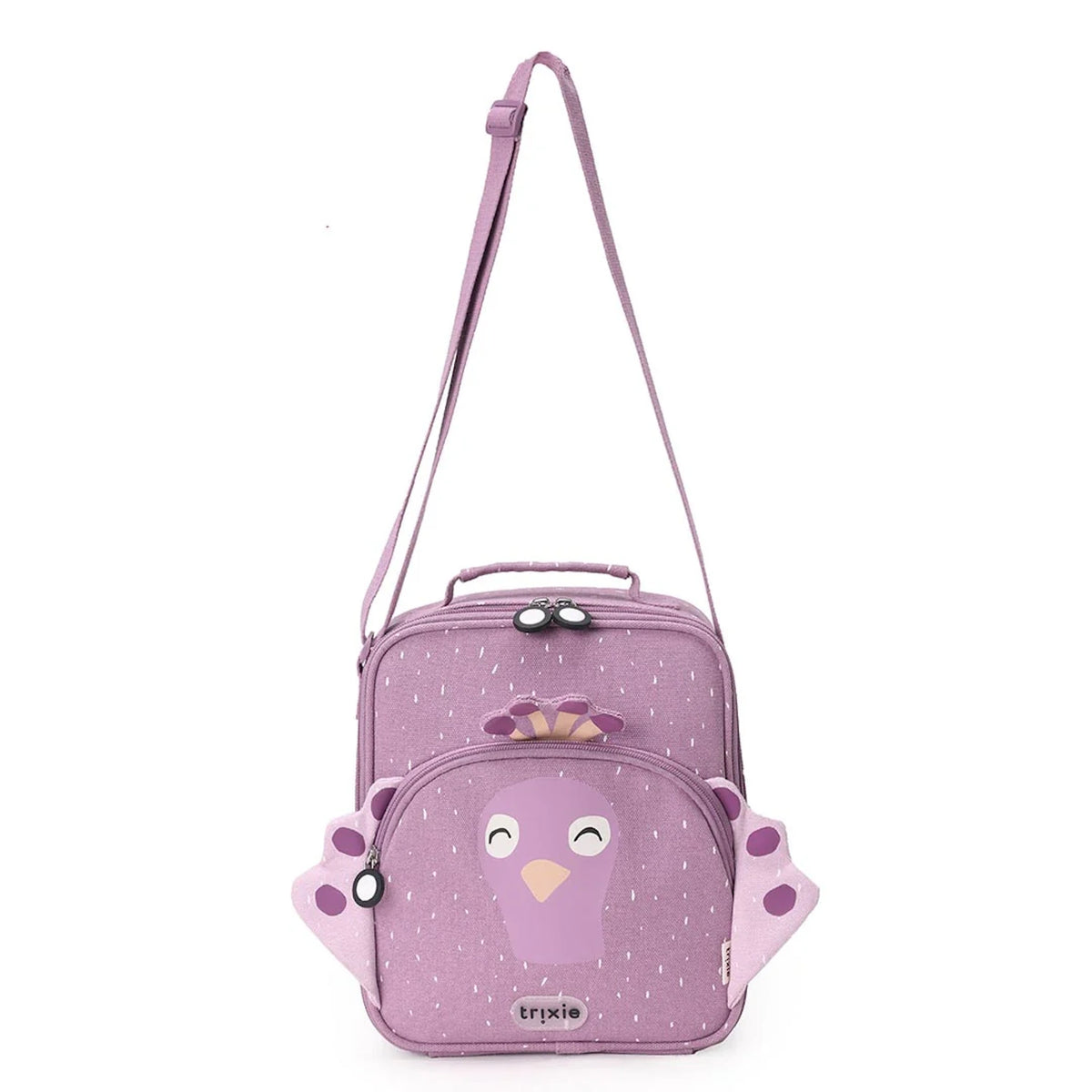 Purple kids lunch bag featuring a cute peacock face, wings, a top handle, and a long shoulder strap.
