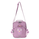 Purple kids lunch bag featuring a cute peacock face, wings, a top handle, and a long shoulder strap.