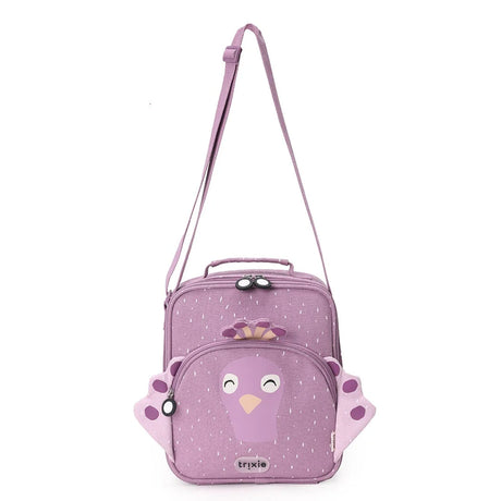 Purple kids lunch bag featuring a cute peacock face, wings, a top handle, and a long shoulder strap.