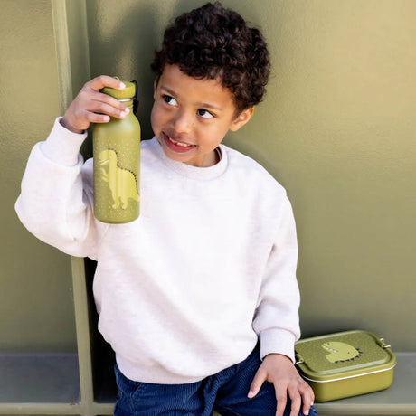 A young child holding a green dinosaur water bottle next to a matching green dinosaur snack box.