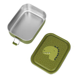 Open green stainless steel lunch box next to its lid featuring a cute cartoon dinosaur illustration.