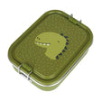 Green kids lunch box with a dinosaur illustration on the lid and silver metal side latches.