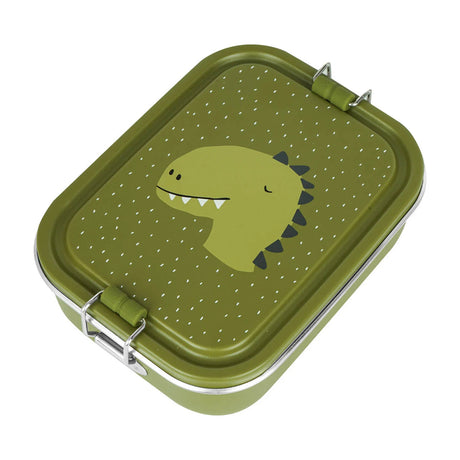 Green kids lunch box with a dinosaur illustration on the lid and silver metal side latches.