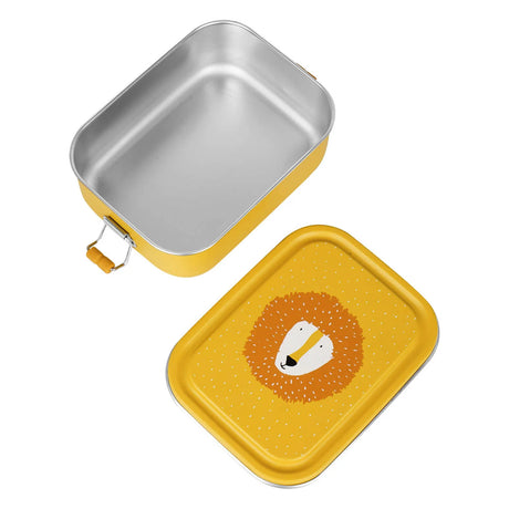 An open yellow stainless steel lunch box next to its lid featuring a cartoon lion face.