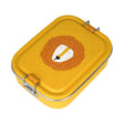 Yellow stainless steel lunch box featuring a cute lion face on the lid with secure metal side clasps.