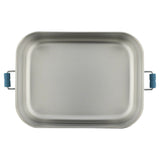 An empty, rectangular stainless steel lunch box with blue-tipped metal side latches.