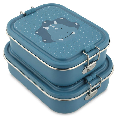 Two stacked blue stainless steel lunch boxes, with a cute triceratops dinosaur illustration on the top lid.