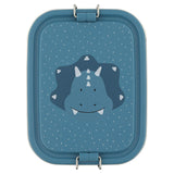 Top view of a closed blue lunch box featuring a cartoon triceratops face with white speckles.