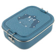 Teal kids lunch box with a triceratops illustration on the lid and silver metal side latches.