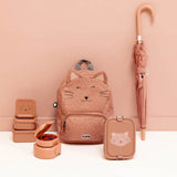 Collection of pink cat-themed school gear, featuring a backpack, lunch boxes, snack containers, and an umbrella.