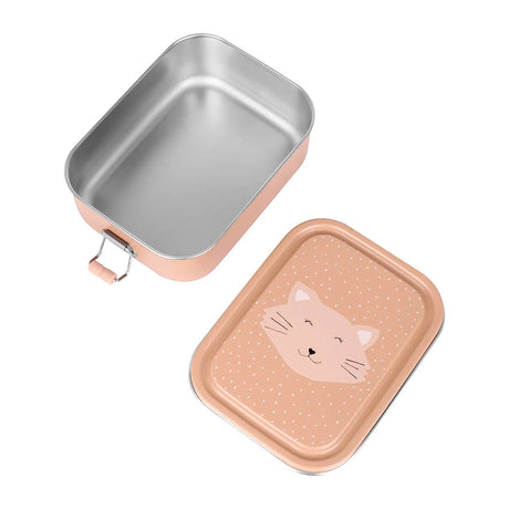 An open stainless steel lunch box with a peach exterior and a separate lid featuring a cat face illustration.
