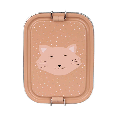 Peach kids lunch box with a cat face illustration on the lid and silver metal latches.