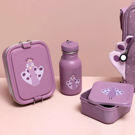 Purple peacock-themed stainless steel lunch box, water bottle, snack container, and matching bag.