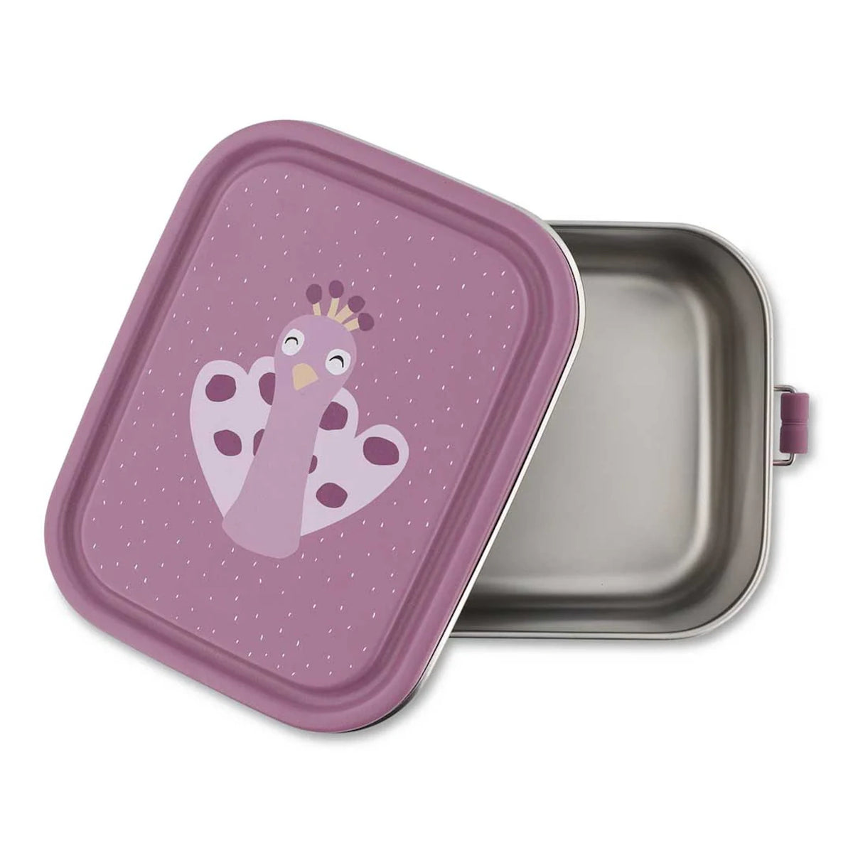 An open stainless steel lunch box next to its purple lid featuring a cartoon peacock illustration.